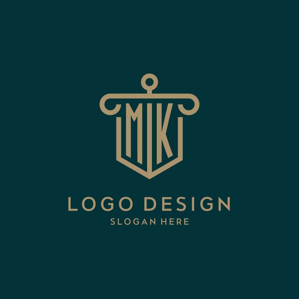 mk monogram första logotyp design med skydda och pelare form stil vektor