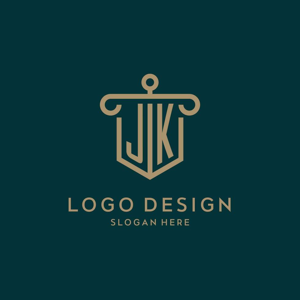 jk monogram första logotyp design med skydda och pelare form stil vektor