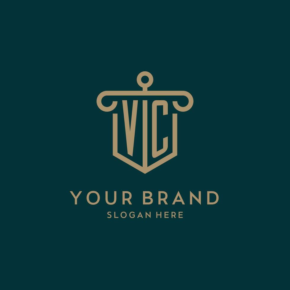 vc monogram första logotyp design med skydda och pelare form stil vektor