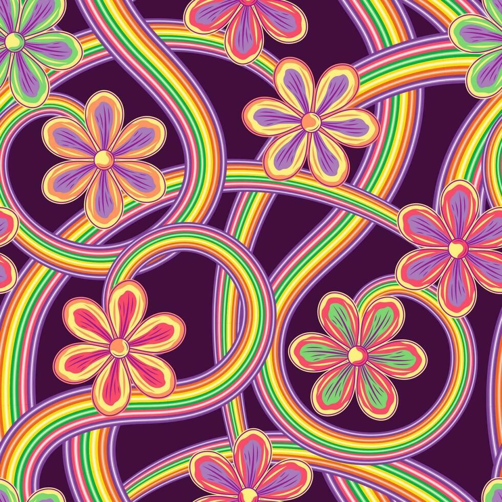 mönster med fantasi kamomill blomma, randig psychedelic vågor, virvlar runt. ljus neon fluorescerande färger Bra för kläder, tyg, textil, yta design. 1960 stil retro bakgrund. vektor