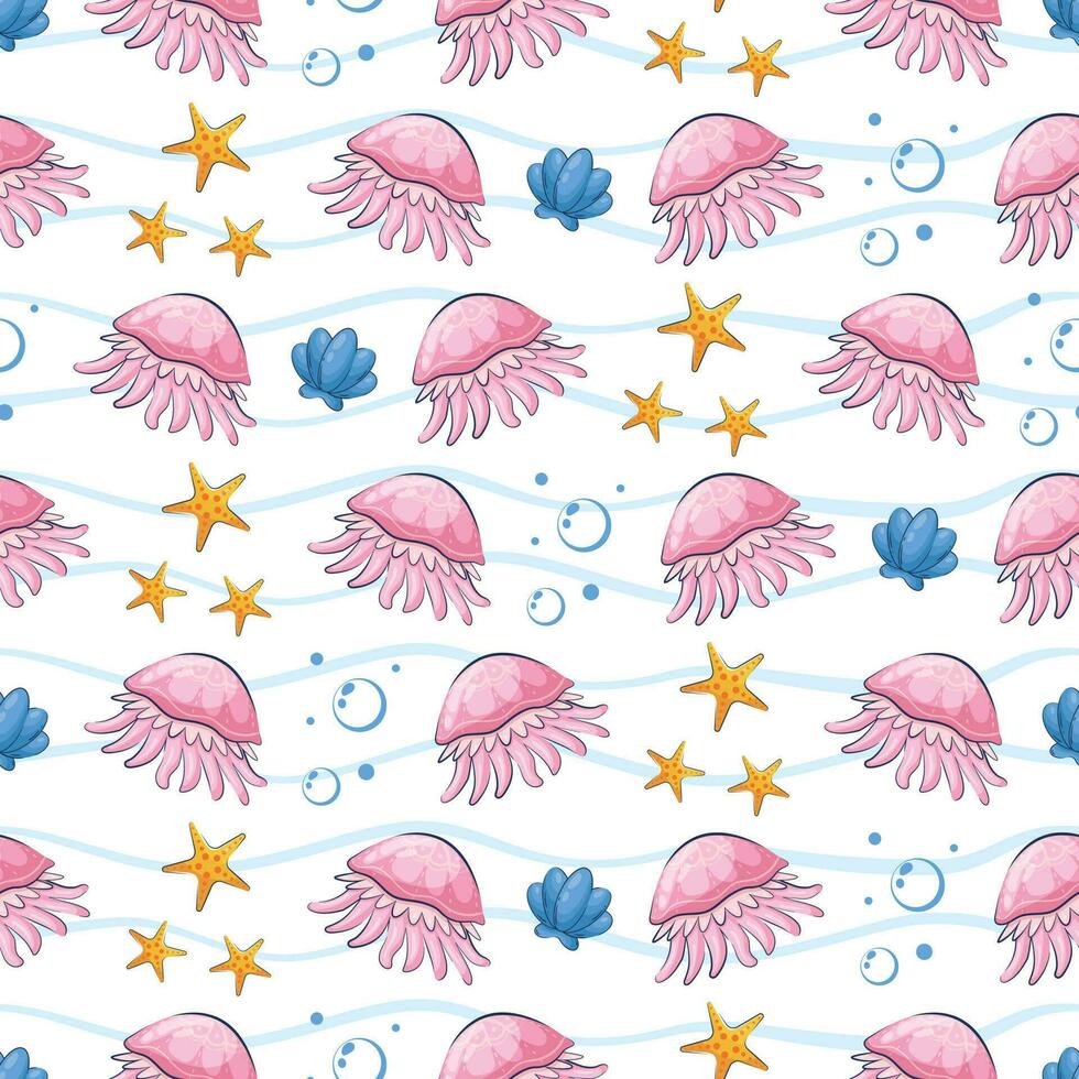 sömlös mönster med tecknad serie rosa manet, sjöstjärna, snäckskal bland de vågor och bubblor i en platt stil vektor