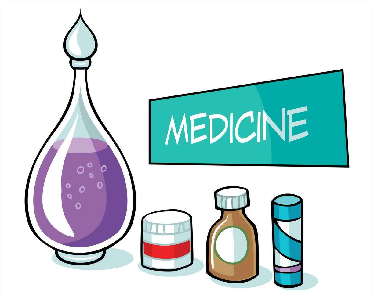 medicin, apotek, sjukhus uppsättning av mediciner med kemisk reaktion vektor