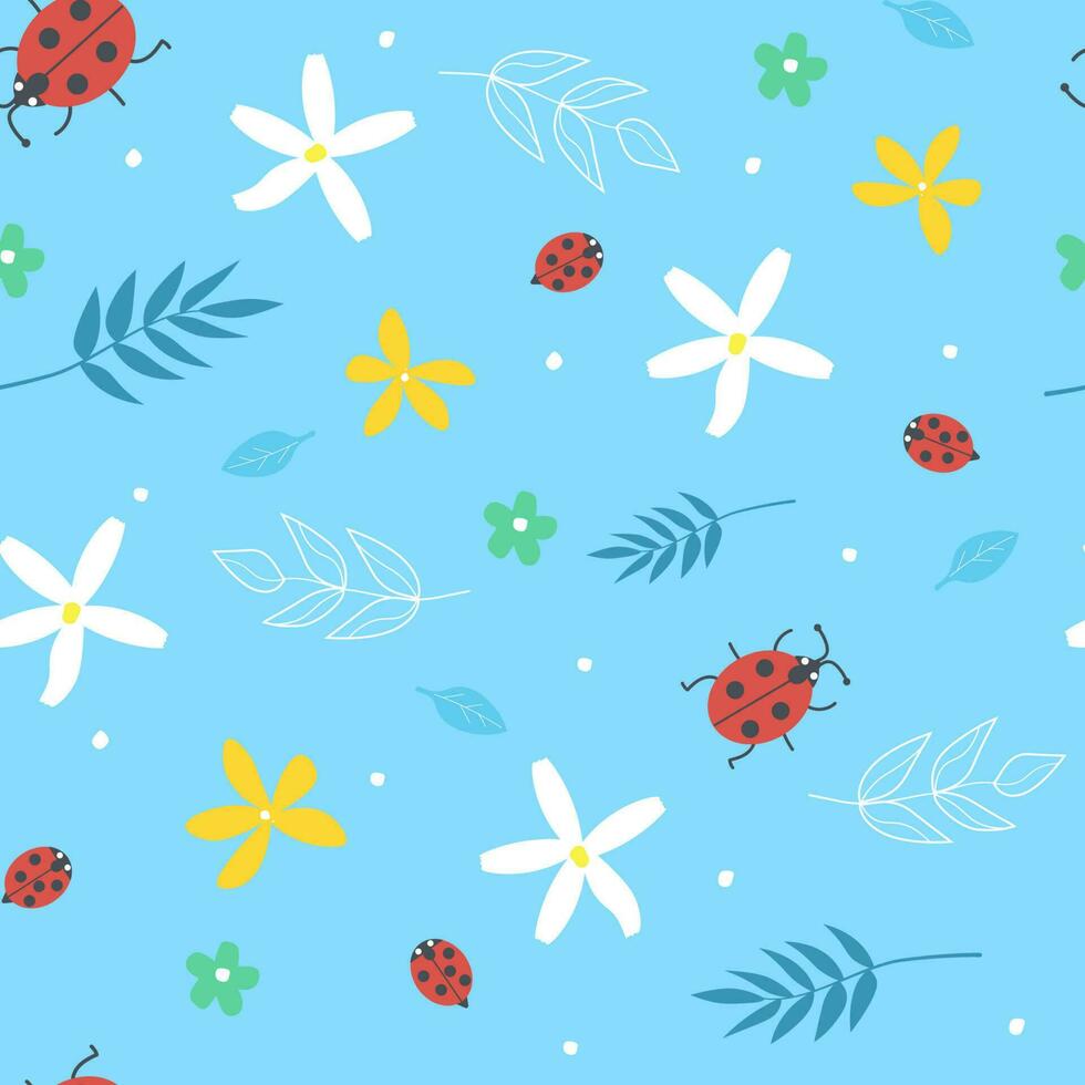 nahtlos Sommer- Muster mit Marienkäfer, Blumen, Blätter. Vektor Grafik.