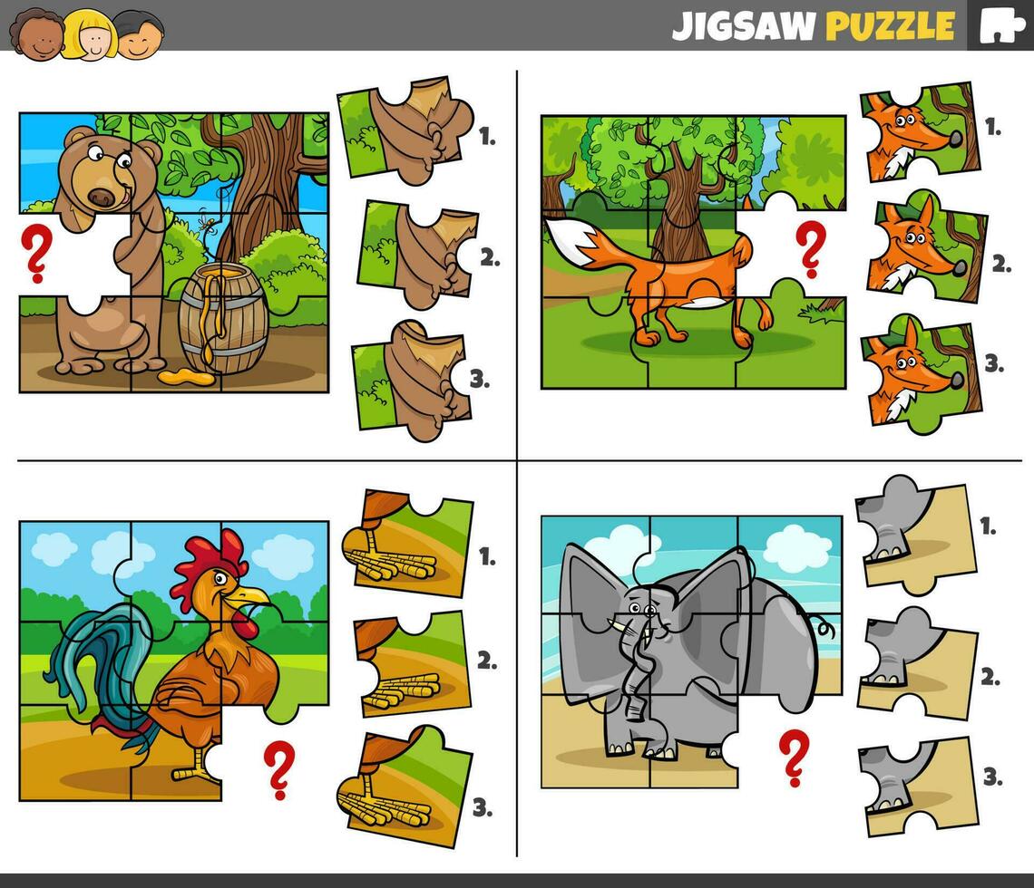 Puzzle Puzzle Spiele einstellen mit Karikatur Tier Zeichen vektor