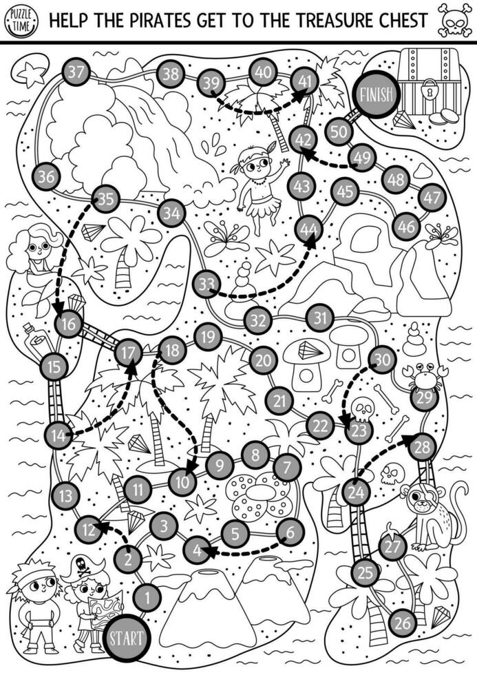 pirat svart och vit tärningar styrelse spel för barn med söt barn pirater jakt skatt. skatt ö jaga Brädspel med vulkan, vattenfall, djur. hav äventyr tryckbar färg sida vektor