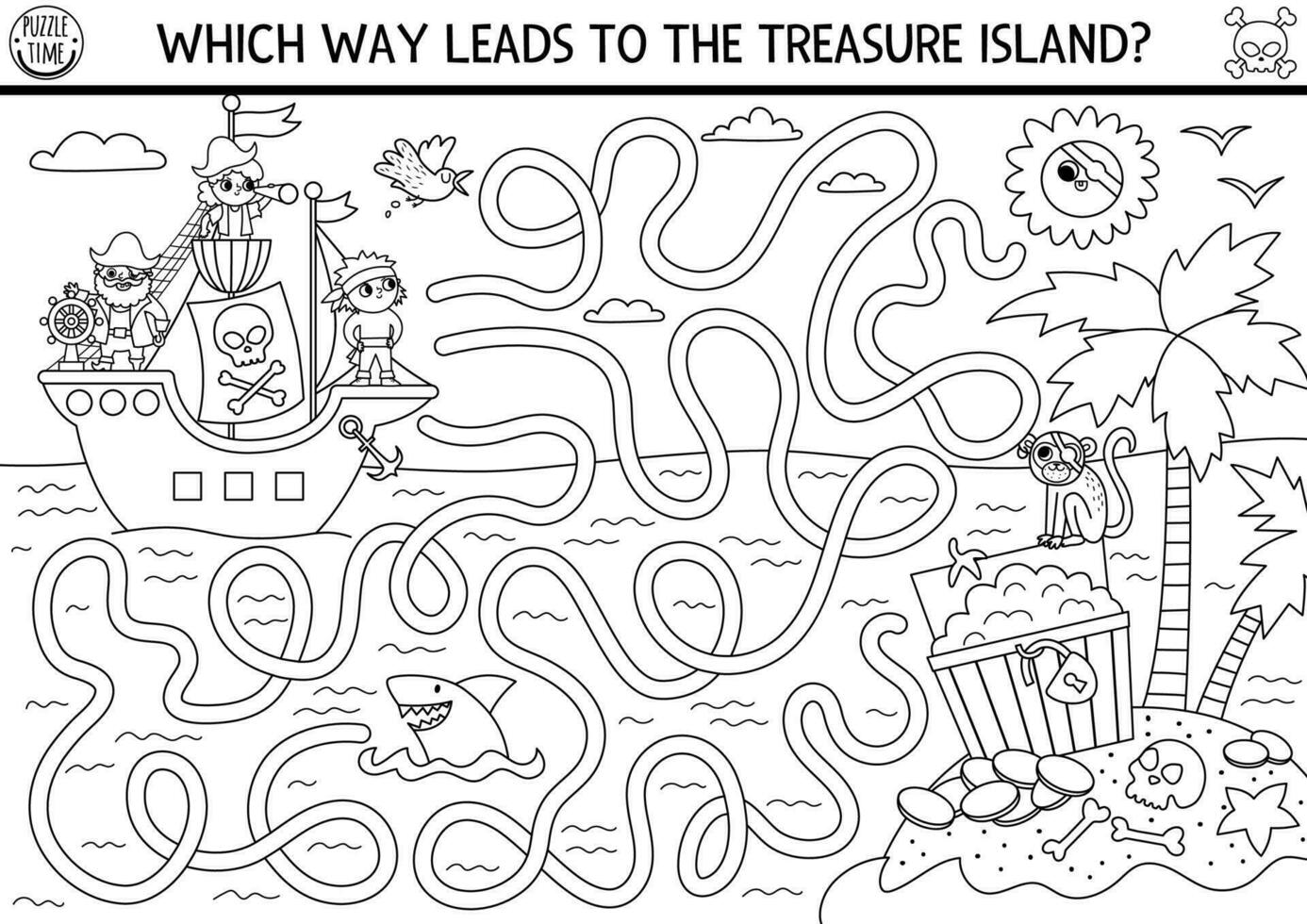 pirat svart och vit labyrint för barn med marin landskap, fartyg, skatt ö. skatt jaga förskola tryckbar aktivitet med bröst, mynt, haj. hav äventyr färg labyrint vektor