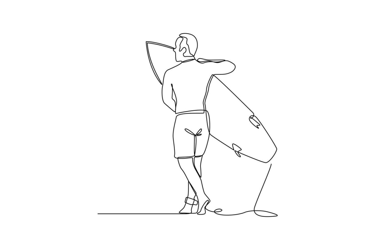 Single einer Linie Zeichnung glücklich Junge spielen Surfen auf das Strand im Sommer- Urlaub. Sommer- Strand Konzept. kontinuierlich Linie zeichnen Design Grafik Vektor Illustration.