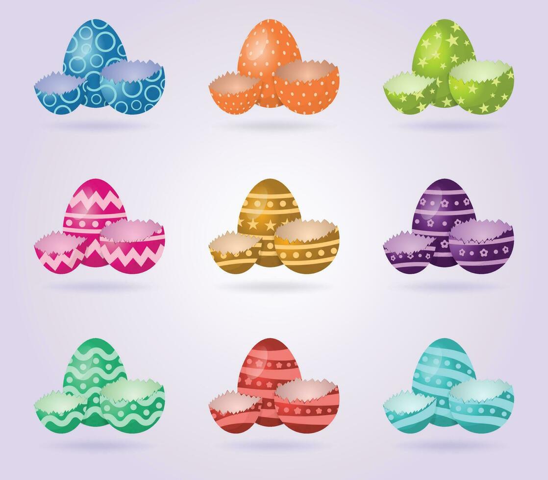 vektor illustration av färgrik ägg med ha sönder ägg samling på en vit lutning bakgrund