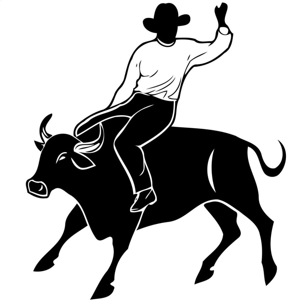 cowboy man ridning en tjur på en rodeo tjur ridning svart och vit silhuett vektor