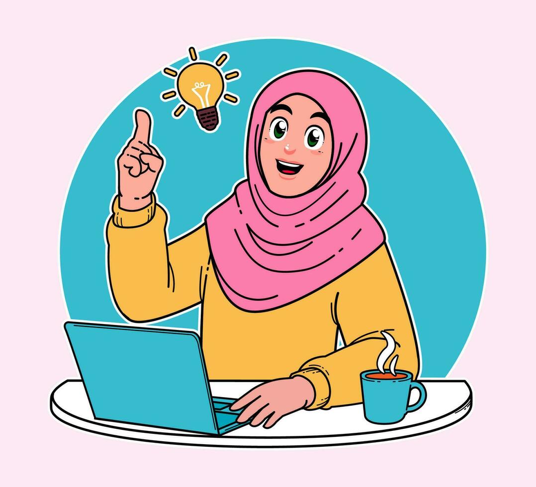 hijab kvinna, kvinna arbetssätt på en bärbar dator, arbetssätt på genomförande ny idéer på arbete, en kopp av varm kaffe vektor