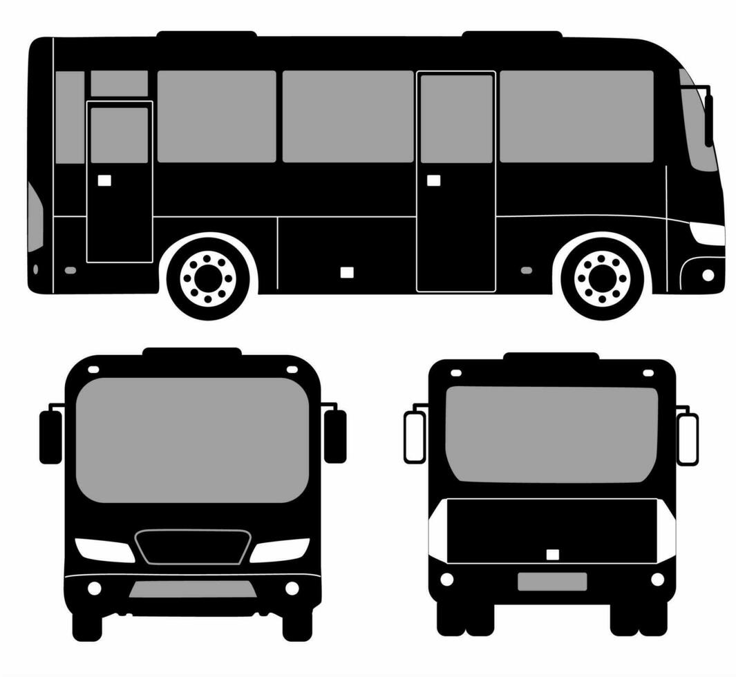 Stadt Bus Silhouette mit. Fahrzeug Symbole einstellen das Aussicht von Seite, Vorderseite und Rückseite vektor