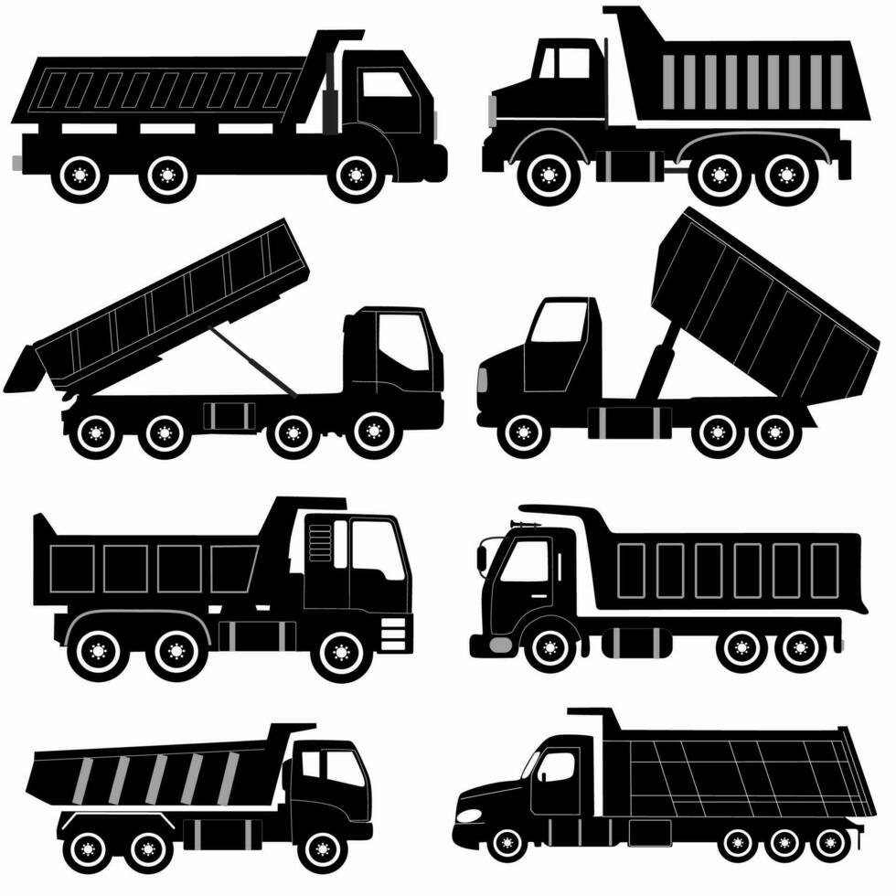 byggnad lastbilar silhuett ikon uppsättning. tung Utrustning, abstrakt svart lastbil ikon samling isolerat på vit vektor