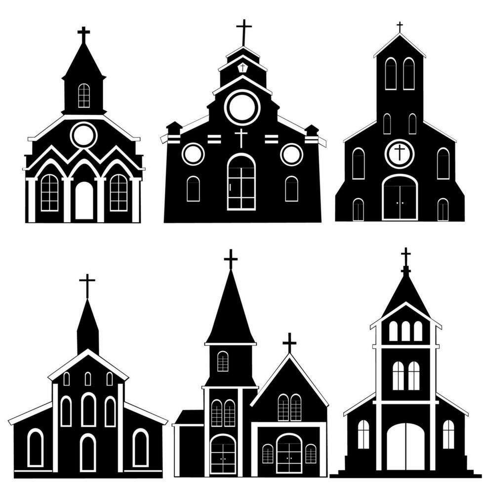 groß einstellen von Kirche Silhouetten. Vektor Illustration von religiös die Architektur Gebäude Silhouette auf Weiß Hintergrund. Symbol Kirche, Logo