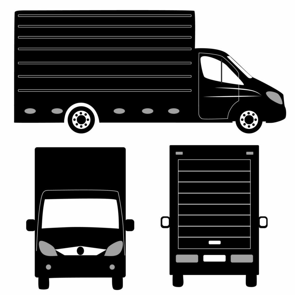 halb Anhänger LKW Silhouette auf Weiß Hintergrund. Fahrzeug Symbol einstellen Aussicht von Seite, Vorderseite, zurück vektor