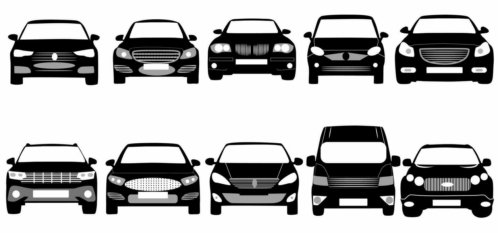 bil ikon uppsättning. främre se. fordon silhuett isolerat på vit bakgrund vektor