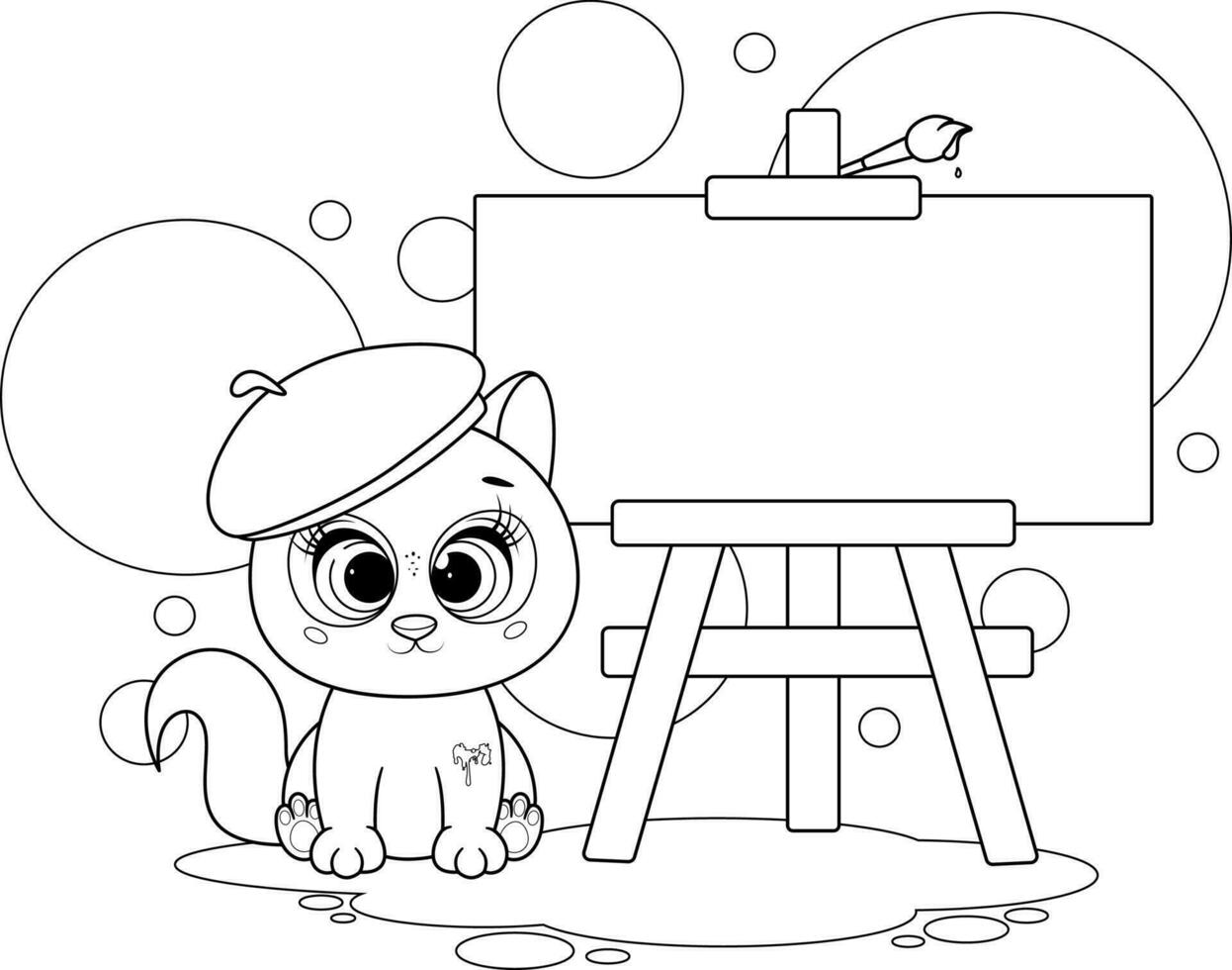 färg sida. söt konstnär kattunge med staffli och måla borsta vektor