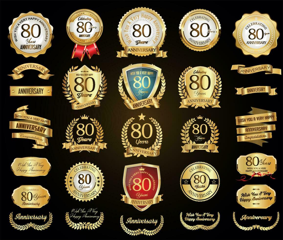 samling av årsdag guld laurel krans märken och etiketter vektor illustration