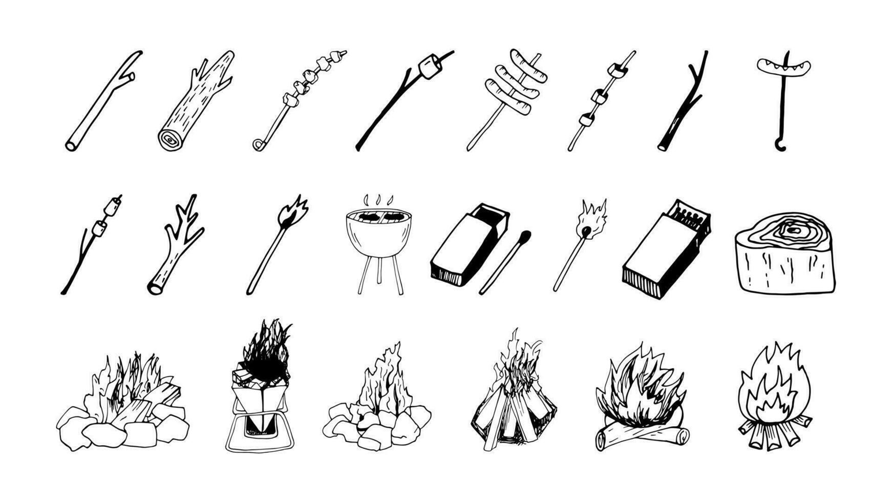 hand dragen vektor lägereld och grill ClipArt uppsättning