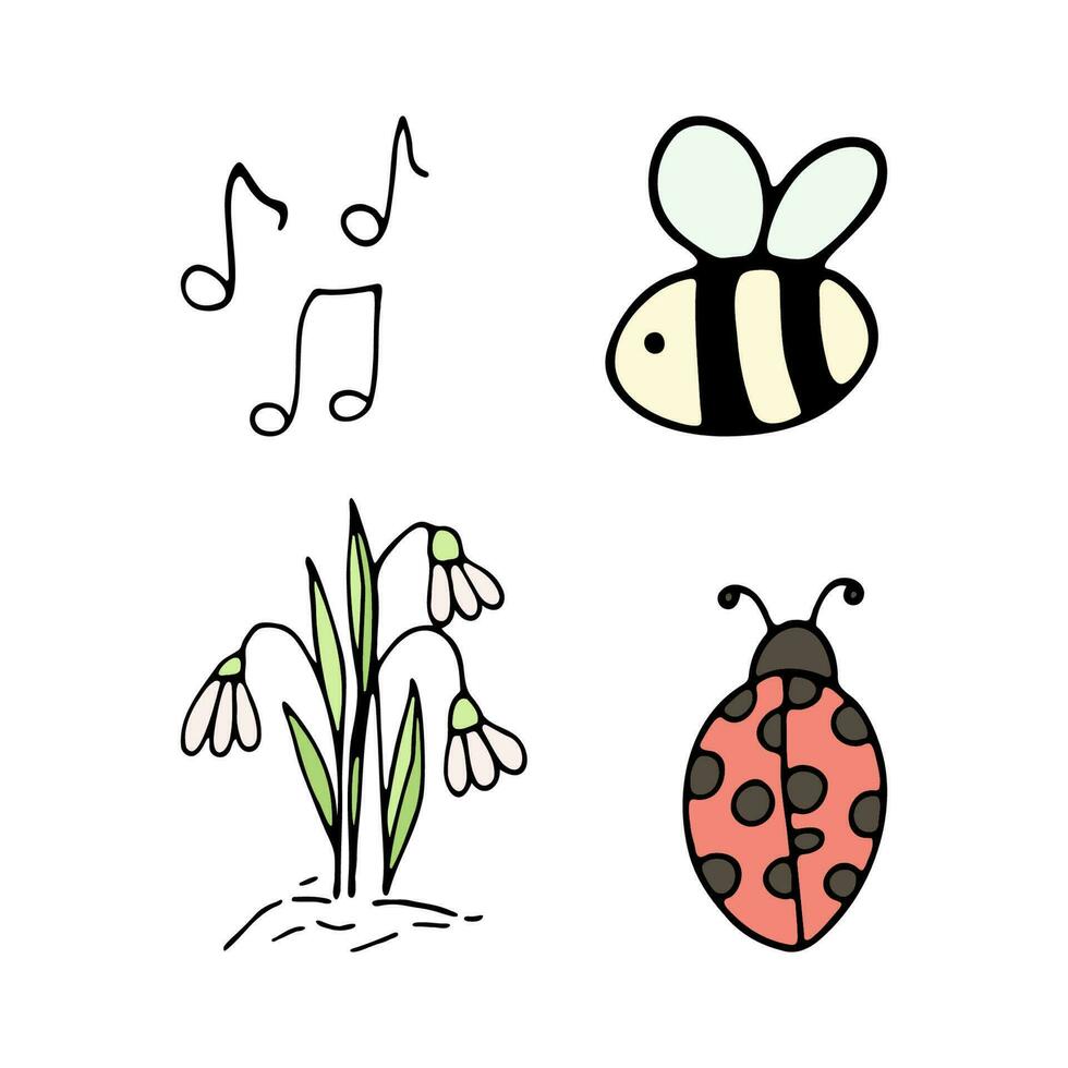 Hand gezeichnet Biene und Marienkäfer auf Blumen zum Sommer- und Frühling Dekoration vektor