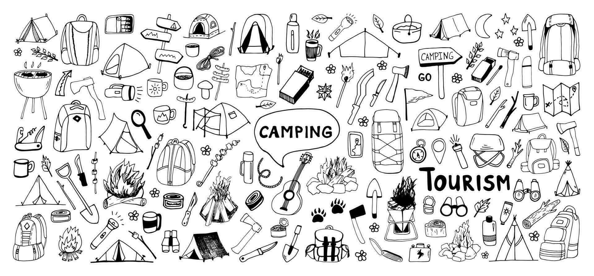 enorm Hand gezeichnet Vektor Camping Clip Kunst Satz. isoliert auf Weiß Hintergrund Zeichnung zum Drucke, Poster, süß Schreibwaren, Reise Design. hoch Qualität Abbildungen