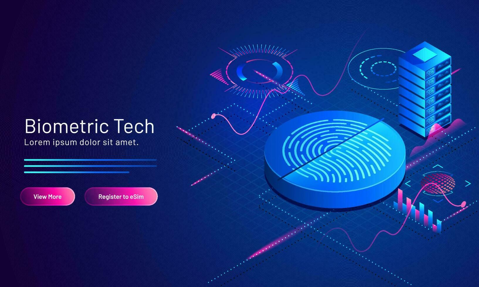 3d Illustration von biometrisch Fingerabdruck und Server auf Blau wissenschaftlich Hintergrund zum biometrisch Technologie Konzept basierend Landung Seite Design. vektor