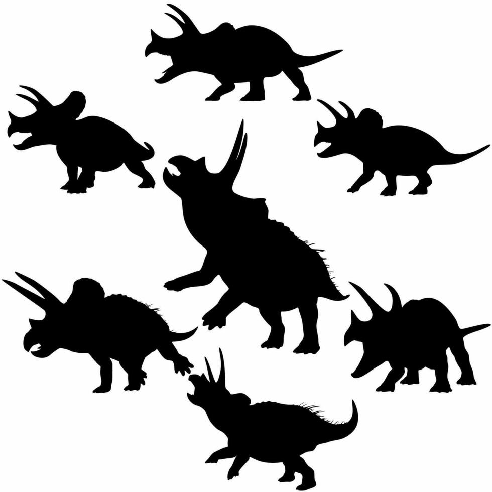 Vektor Silhouetten von Triceratops oder T-Rex, Brontosaurus oder Pterodaktylus und Stegosaurus, Pteranodon oder Ceratosaurus und Parasaurolophus Reptil