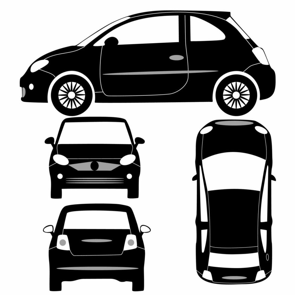 bil silhuett på vit bakgrund. fordon ikoner uppsättning de se från sida, främre, bak- och topp, bil retro vektor