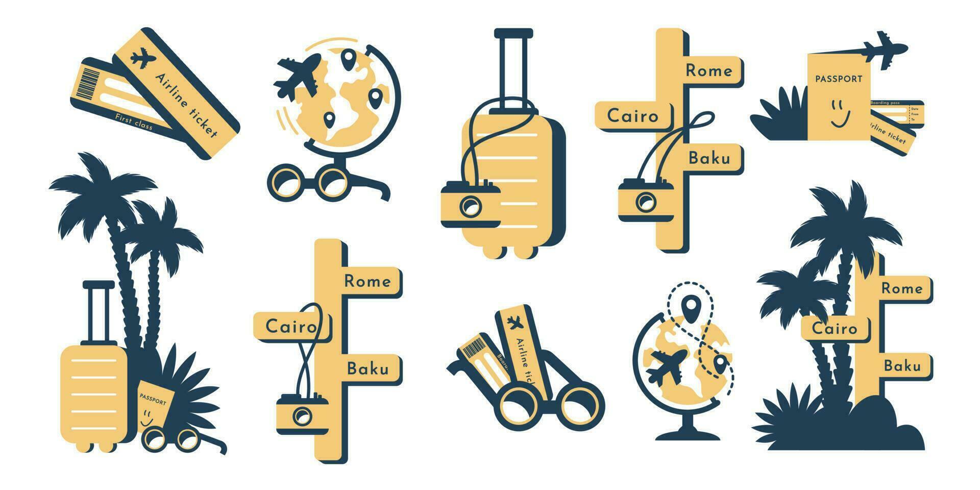 uppsättning av resa ikon. samling av turism mall för webb, reklam, reklam, resa byrå. resa etiketter som plan biljett, pass, kamera, handflatan, plats symbol, solglasögon, resväska. vektor