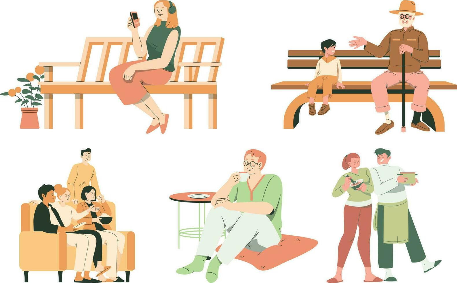 Menschen Sitzung auf Bank und Trinken Kaffee oder Tee. eben Vektor Illustration.