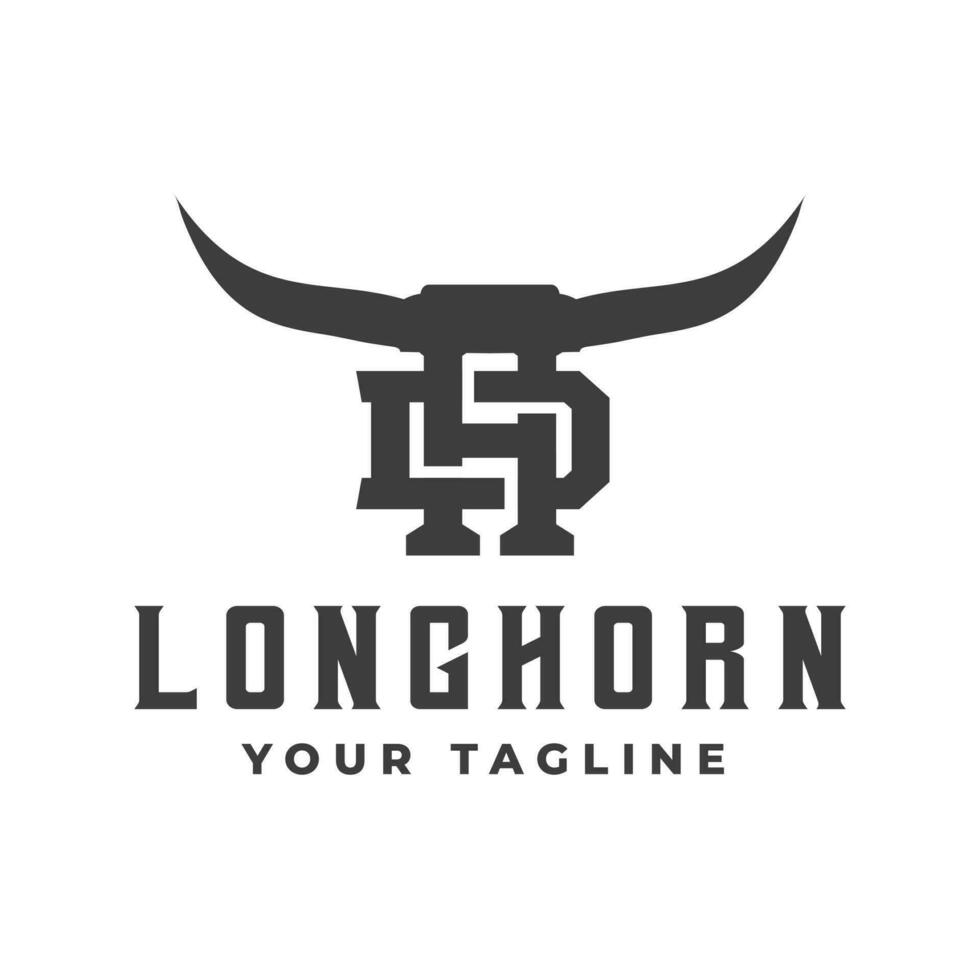 Büffel Kopf Horn, Stier, Kuh, Jahrgang Texas Restaurant Longhorn Logo. Brief dh Jahrgang Bauernhof Unternehmen Logo vektor