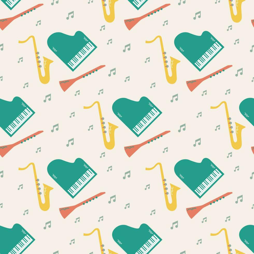 vektor sömlös mönster av musikalisk jazz instrument med anteckningar. isolerat på beige bakgrund orkester - piano, saxofon, klarinett.