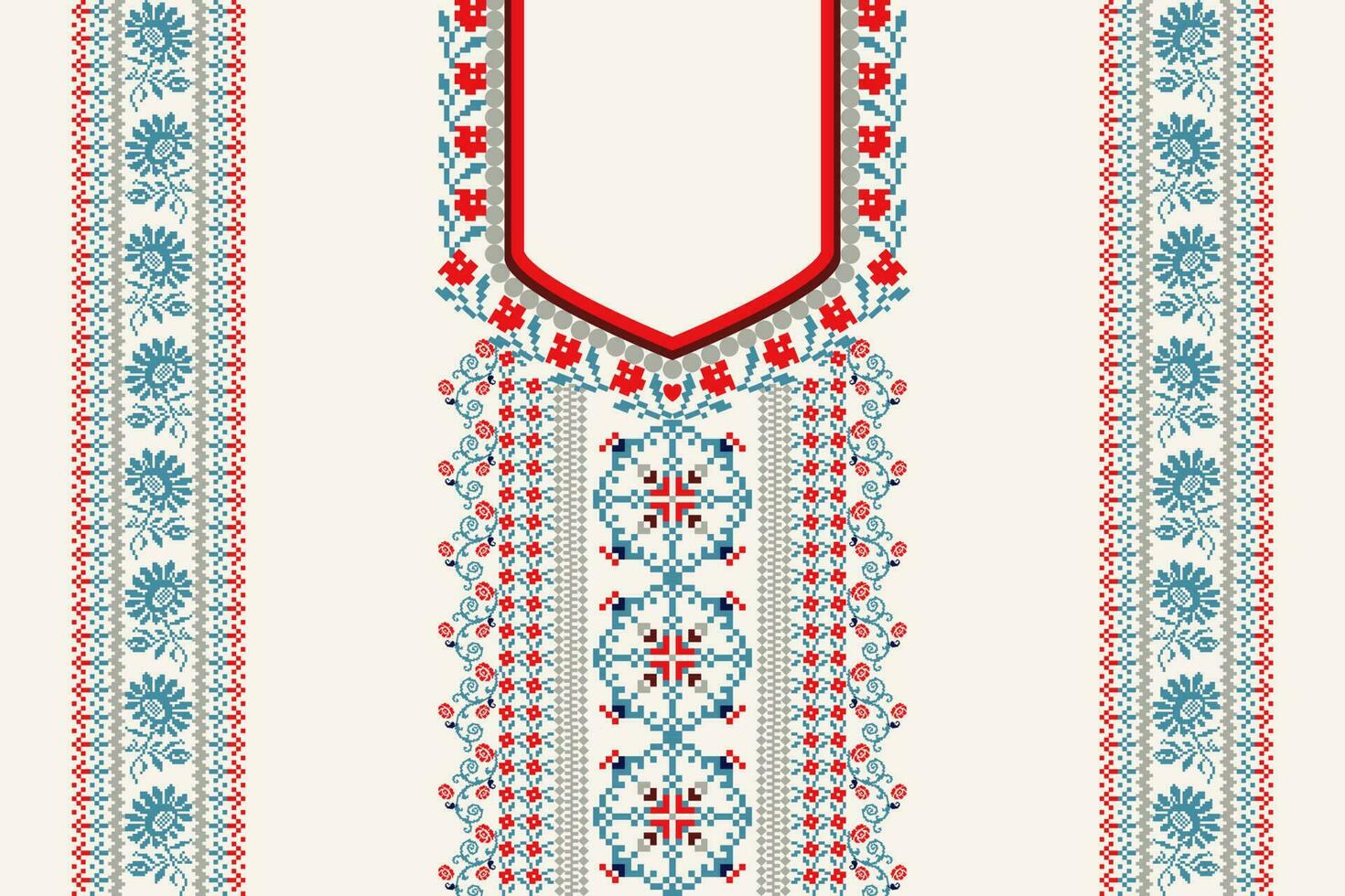 Ausschnitt Blumen- Kreuz Stich Stickerei auf Weiß hintergrund.boho Ausschnitt Orientalist Muster traditionell.aztekisch Stil abstrakt illustration.design zum Textur, Stoff, Mode Frauen tragen, kleidung. vektor