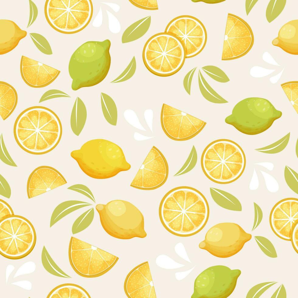 Zitrone tropisch Zitrusfrüchte nahtlos Muster mit Blätter, Scheiben im Karikatur Stil. abstrakt frisch hell Fabrik. Vektor Illustration