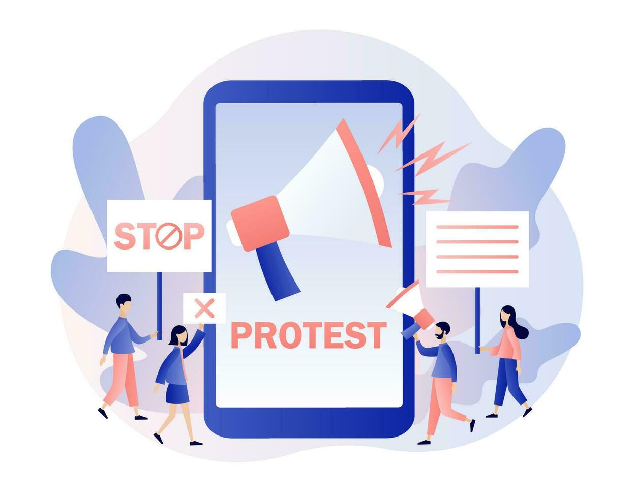 online Protest und Sozial Aktivität Konzept. winzig Menschen Demonstranten, halten Banner, Plakate und Megaphone. Parade, politisch Treffen oder Rallye. modern eben Karikatur Stil. Vektor Illustration