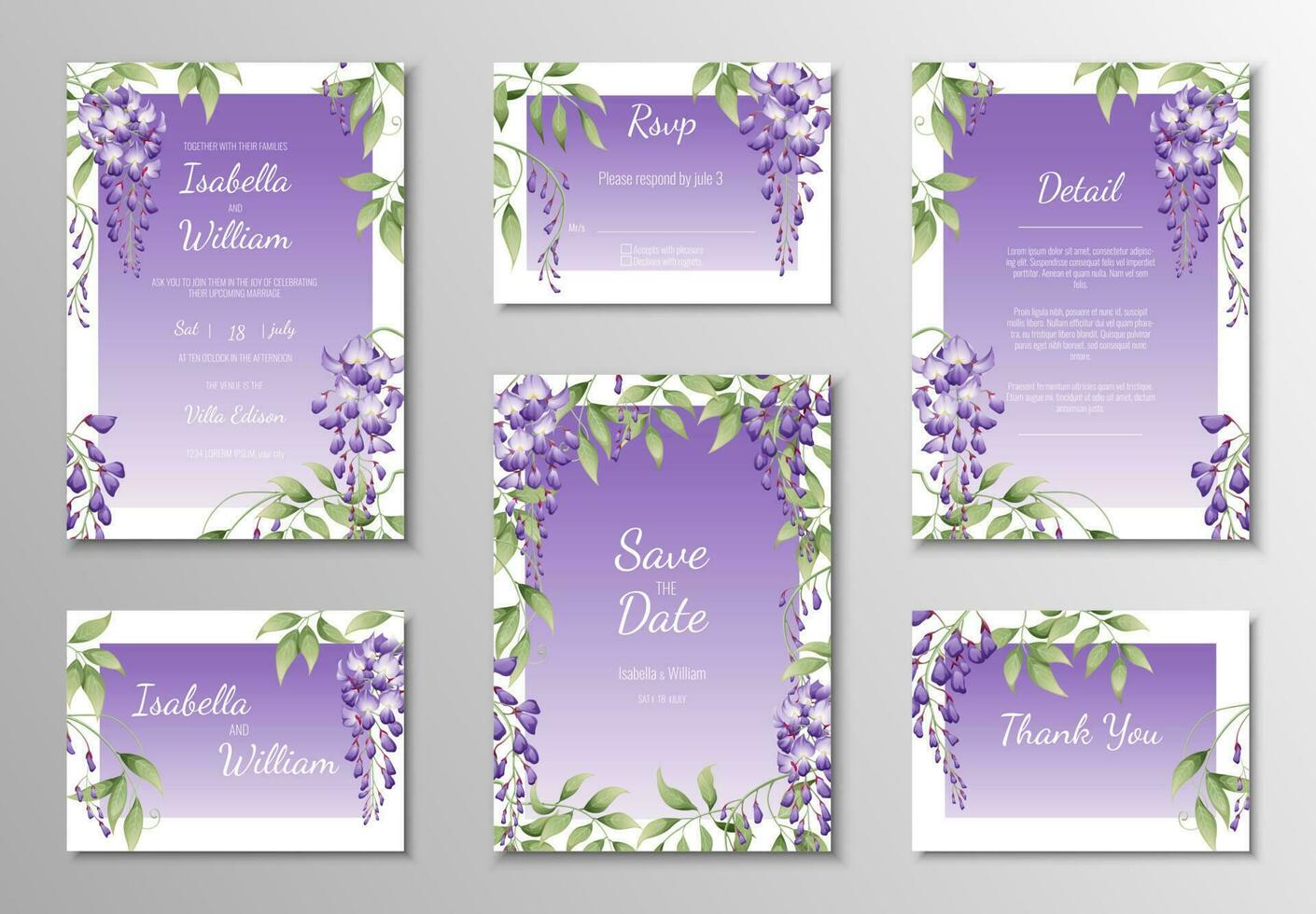 einstellen von Hochzeit Vorlagen, Banner, Einladungen zum das urlaub.schön Postkarte Dekor mit lila Glyzinien vektor