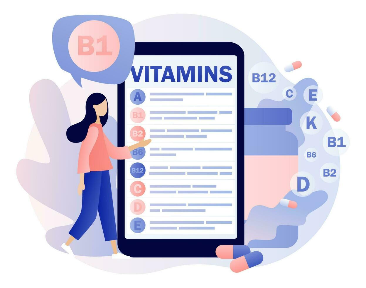 Vitamine Komplex. winzig Frau lesen aufführen multi Vitamin Ergänzung, Vitamin A, Gruppe b b1, b2, b6, b12, C, D, e, k auf Smartphone. gesund Ernährung. modern eben Karikatur Stil. Vektor Illustration