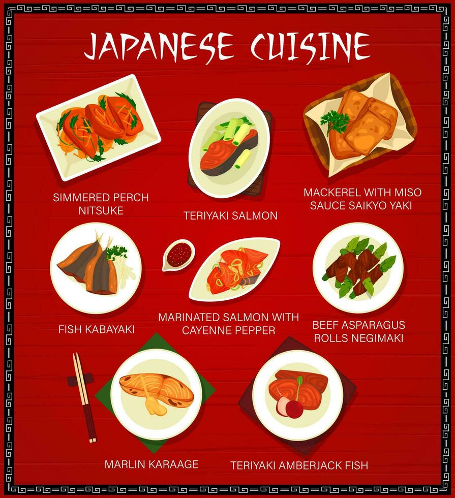 japanisch Küche, Japan Mahlzeiten Karikatur Vektor Speisekarte