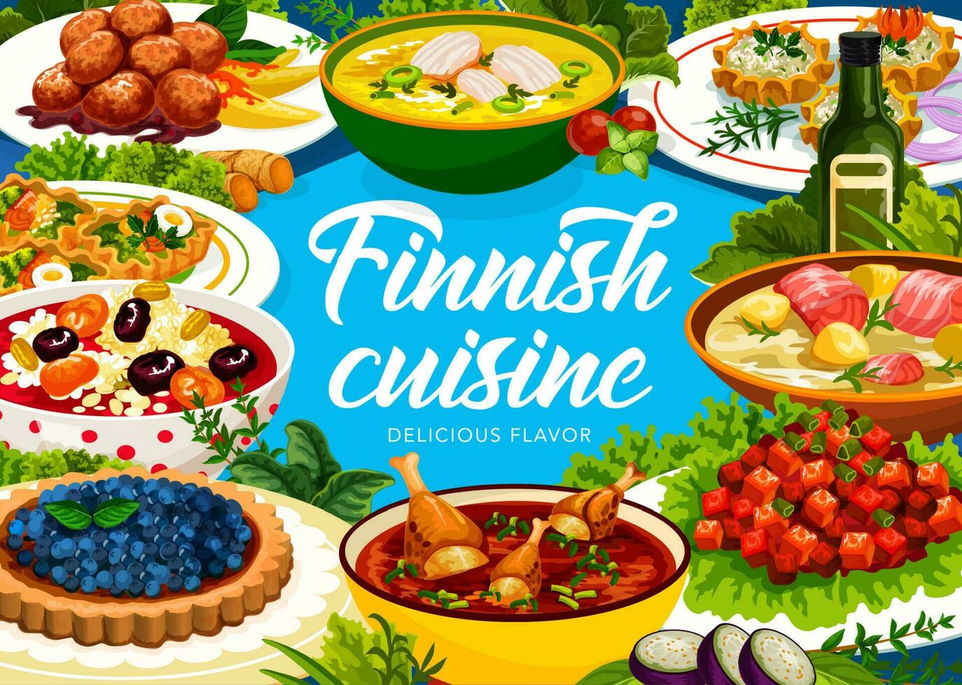 finnisch Küche Mahlzeiten Poster, Essen Geschirr Speisekarte vektor