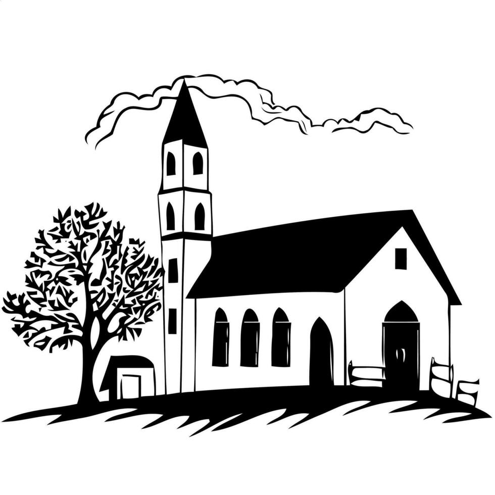 klassisch klein Kirche Gebäude schwarz und Weiß Silhouette vektor