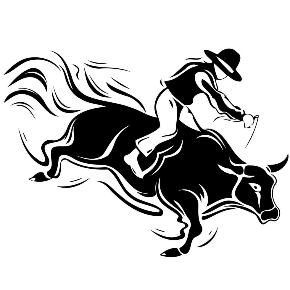 Cowboy Mann Reiten ein Stier beim ein Rodeo Stier Reiten schwarz und Weiß Silhouette vektor