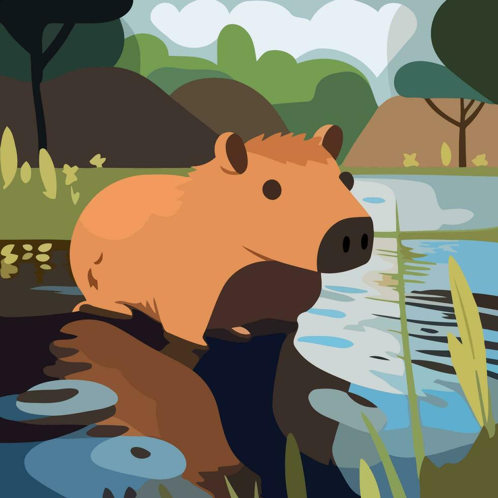 Capybara im Wasser natürlich Landschaft vektor