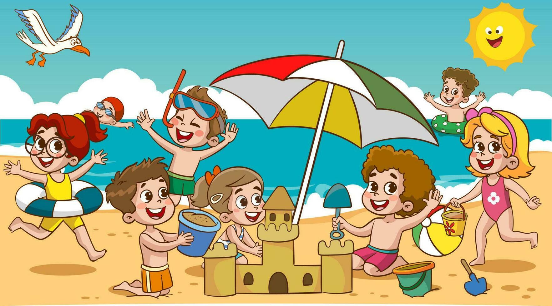 Kinder Kinder Sonnenbaden schwimmen im das Meer beim Sommer- Kinder- Lager auf Meer Strand Ufer. wenig Junge sind spielen mit Ball. das Kinder auf das Strand sind Gebäude ein Sand Schloss. vektor