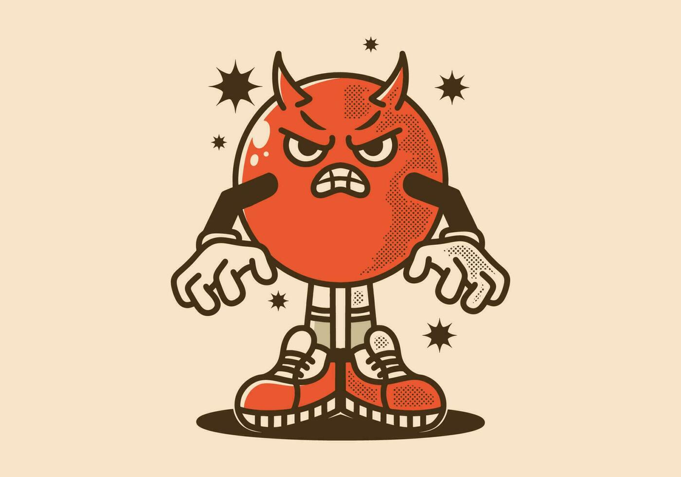 Jahrgang Maskottchen Charakter von Ball Kopf Teufel mit ein wütend Ausdruck vektor