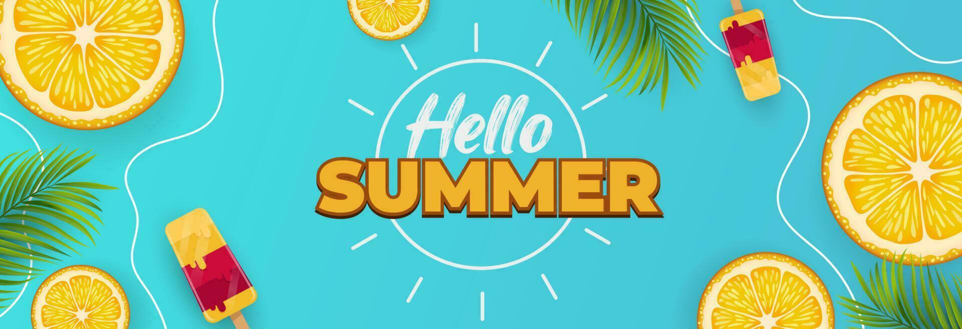 Hallo Sommer. Banner Hintergrund mit Orangen und Eis Creme. Sommer- tropisch Design vektor