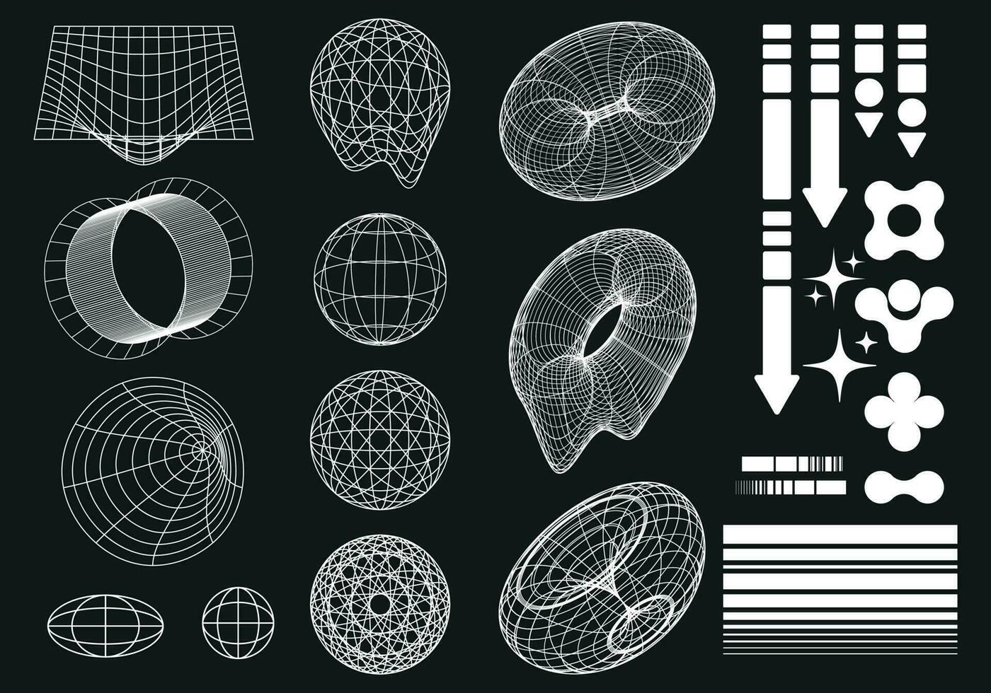 retro futuristisch 2000 Stil Satz. surreal geometrisch Formen, Donuts, Sterne, Muster, Perspektive Gitter. vektor