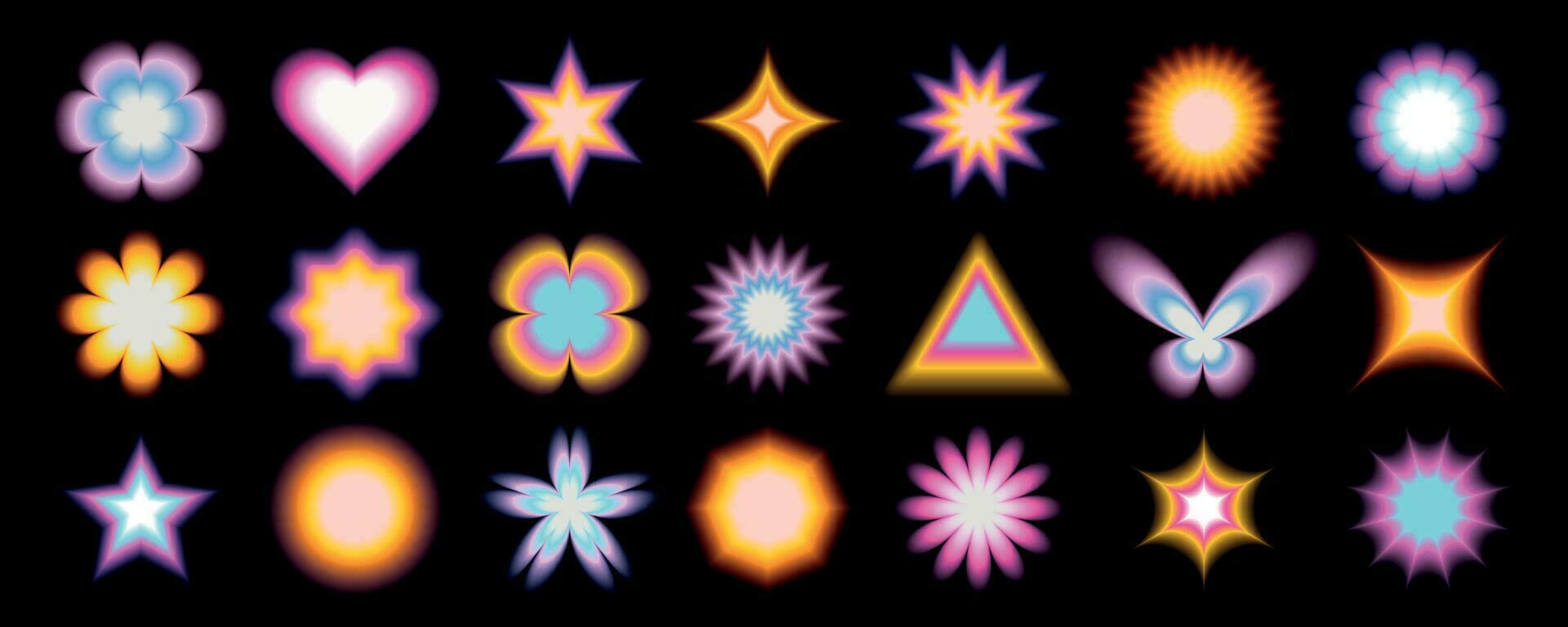 klistermärken med en suddig y2k effekt. modern abstrakt former, hjärta, cirkel, stjärna, fjäril, blomma. vektor former med vätskor av de 90-tal- 2000-talet.