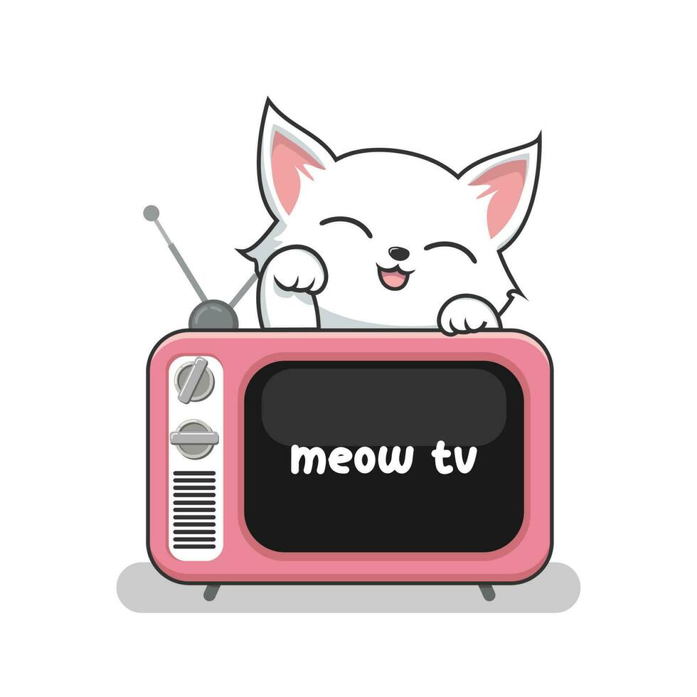 Katze und alt Fernseher Vektor - - süß Weiß Muschi Katze abspielen auf Fernsehen Karikatur