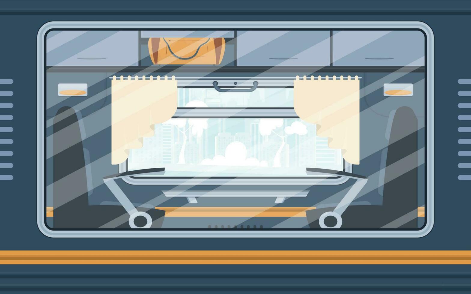 Fenster von ein leeren Pendler Zug. Schiene Transport außen. Karikatur Stil. eben Stil. vektor