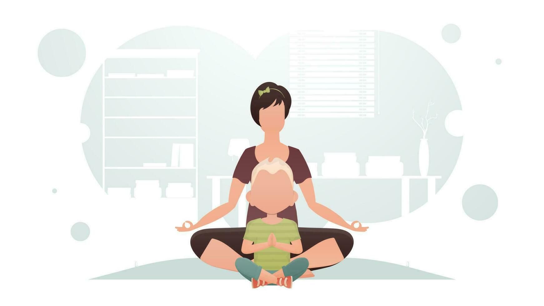 Mama und Sohn sind Sitzung im das Zimmer meditieren. Meditation. Karikatur Stil. vektor