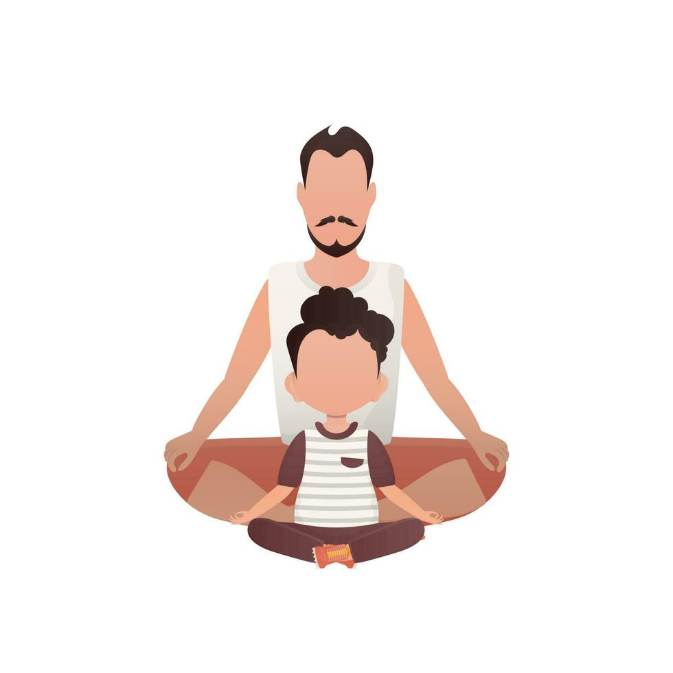 en man med en söt bebis är Sammanträde håller på med yoga i de lotus placera. isolerat. tecknad serie stil. vektor